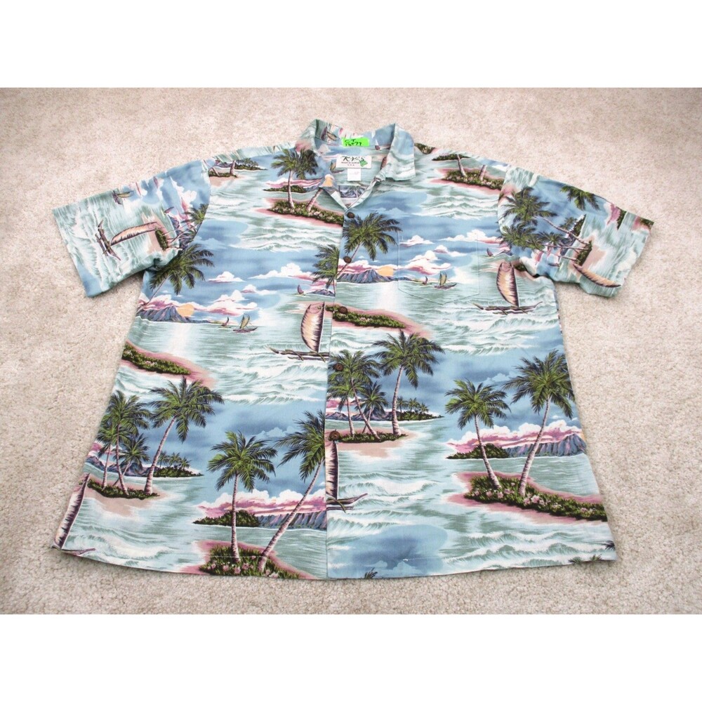 VINTAGE KY's Shirt Men XL Blue Beach Graphic Print Hawaiian Casual Button Up